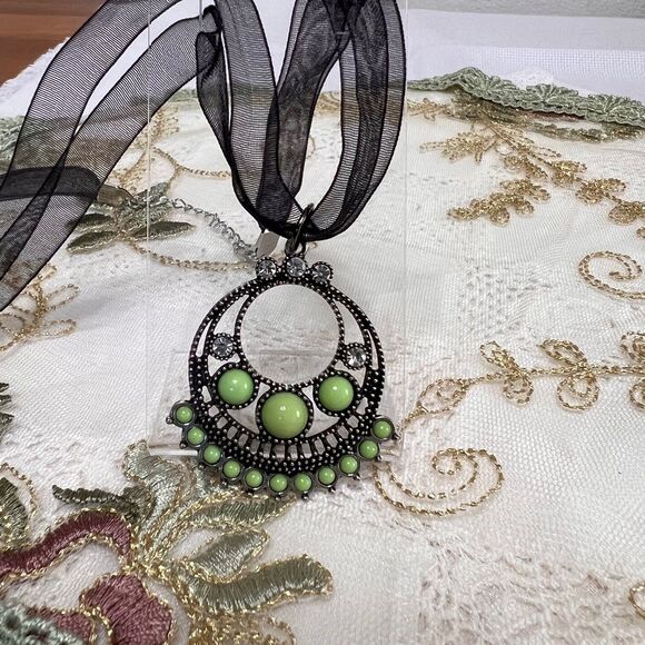 Handmade Boho Style Ribbon Necklace, Black & Green Bogo Necklace - Picture 4 of 6